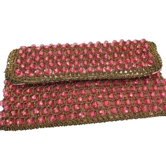 Vintage 1950s Pink Beaded Barbara Lee Italian Gold Crochet Knit Clutch Purse Bag - Picture 1 of 11